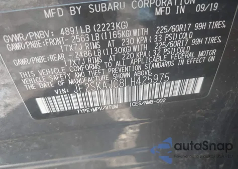 2020 Subaru Forester Premium z USA, uszkodzony, nr VIN JF2SKAJC8LH425975